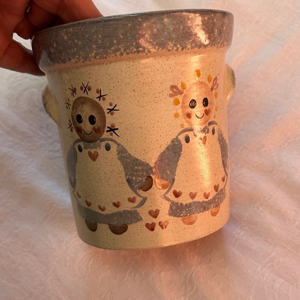 Crock Handcrafted Ceramic Pot with Folk Art Design Vintage